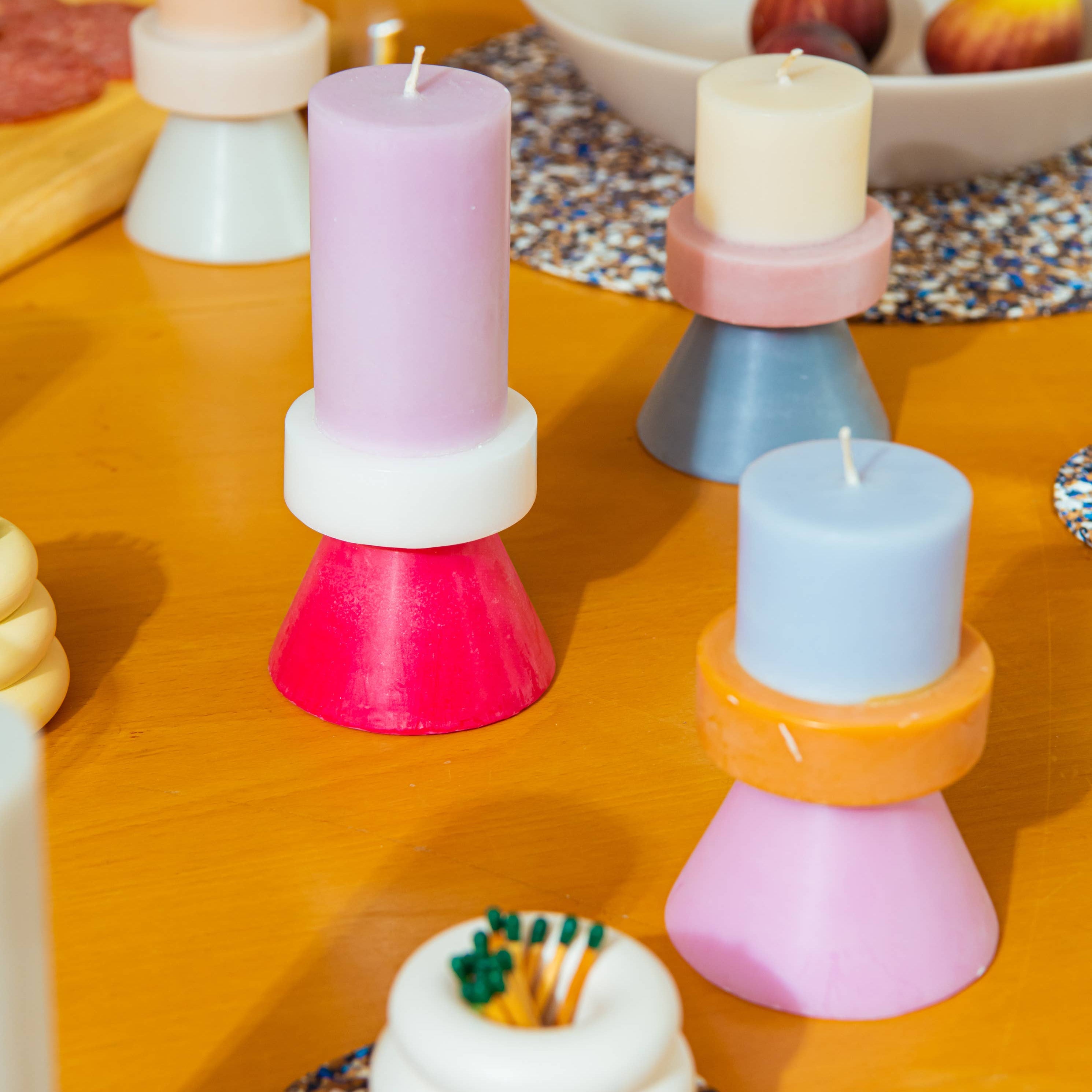 Stapelkerze - Mini: Lindgrün/Koralle/Gelb