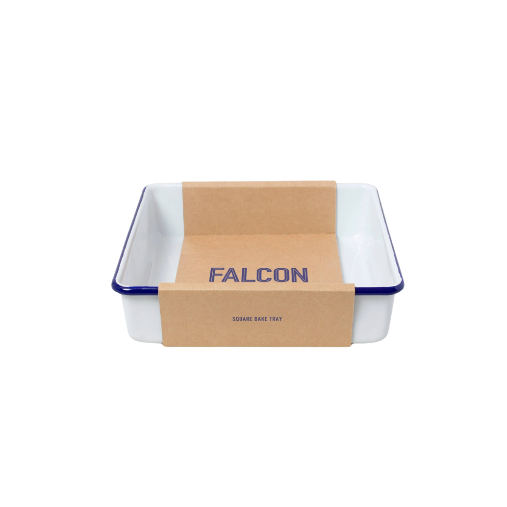 Quadratisches Backblech: Weiß mit blauem Rand