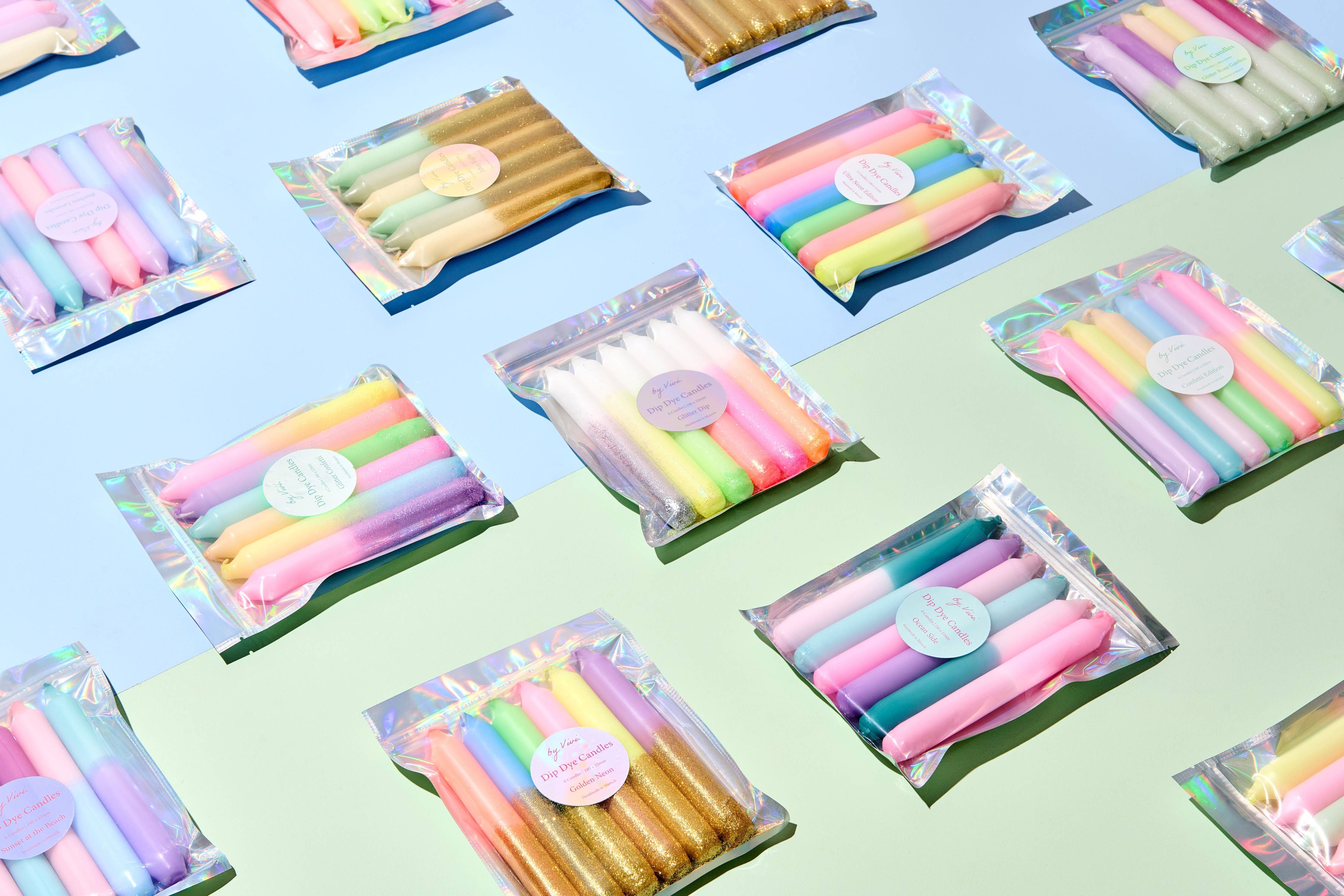 Dip-Dye-Kerzen im Set: Glitter Gold Rainbow